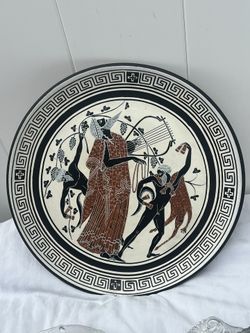 Vintage Ceramic Plate Terra Cotta Clay Pottery Greek Grecian PLATE  Dionisos Plays Lire
