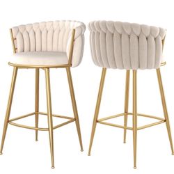 Counter Height Stools Set of 2, Velvet Bar Stools with 27 Inches Upholstered Seat Height, Handmade Woven Back Armrest, Sturdy Golden Metal Legs for Ho