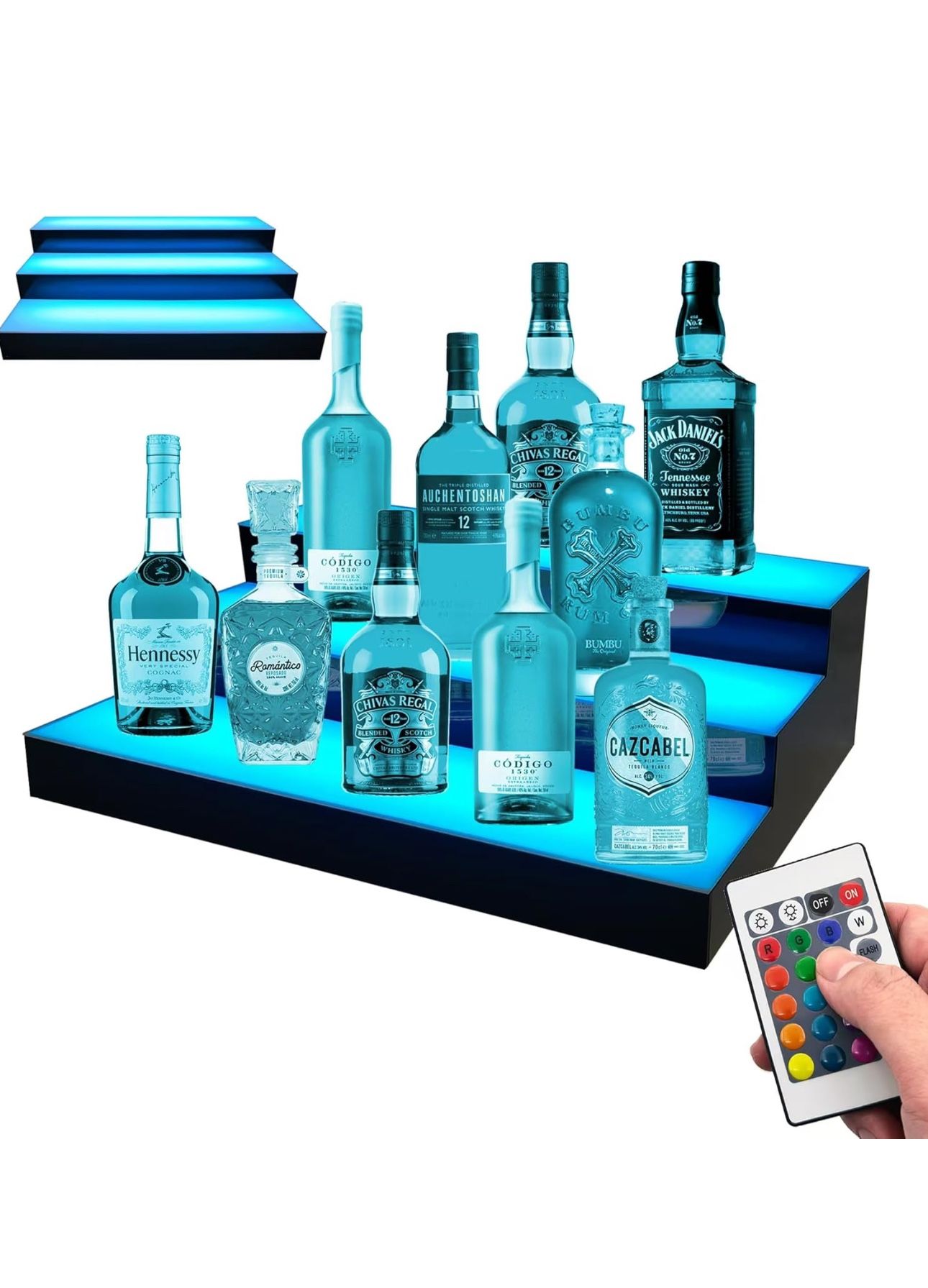 Royxen LED Lighted Liquor Bottle Shelf 3 Tier, 24 Inch Bar Shelf with Remote, Bottle Stand Multicolor Lighting Modes for Bars