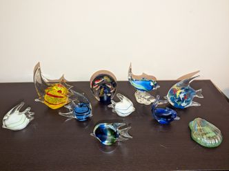 Lot of 10 Air Blown Glass Fish and a Glass Shell