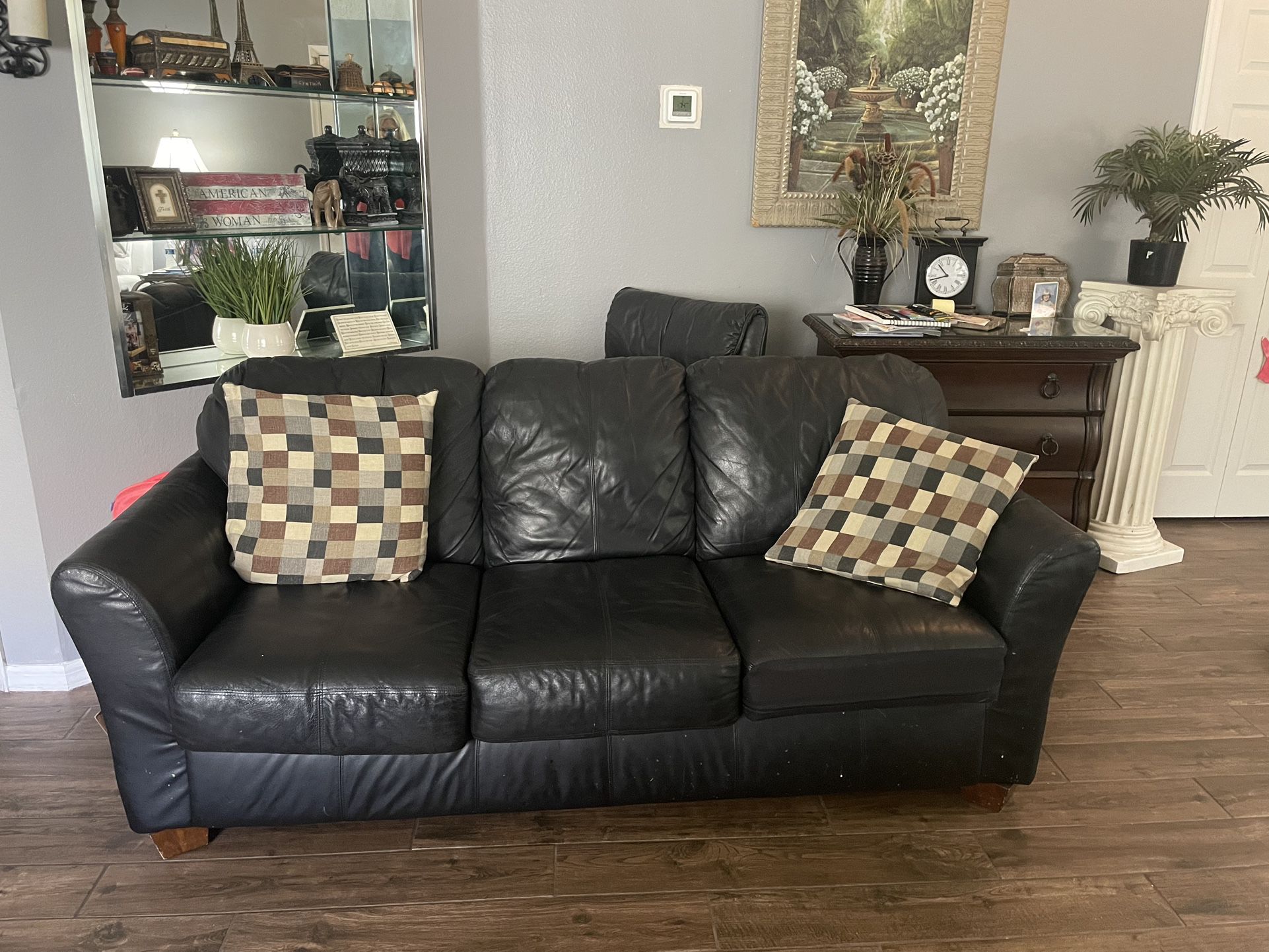 Black Leather Sofa And Chair With Ottoman