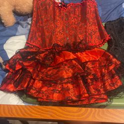 Red  And Black Corset With Red Mini Skirt