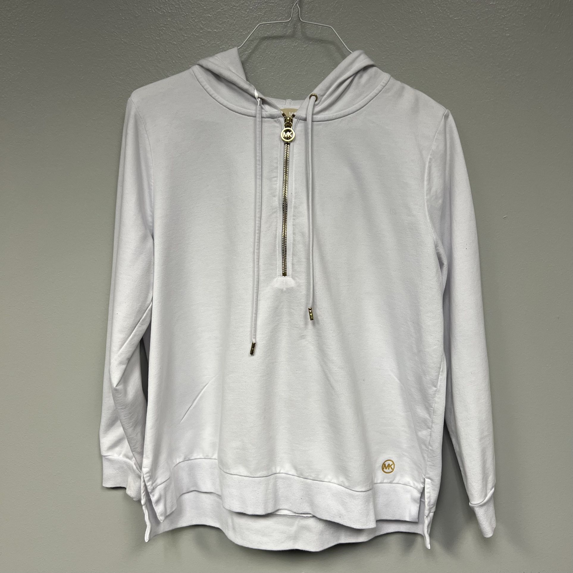 Michael Kors White Hooded Long Sleeve Full Zip Jacket, Large, Gold Zipper
