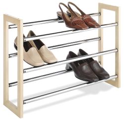 2 Whitmor 3 Tier Expandable Shoe Rack -Stackable - Natural Wood and Chrome