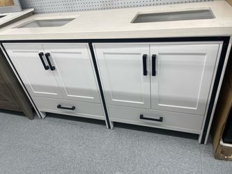 Bathroom vanity cabinet 60” solid birch quartz top with sinks and backsplash