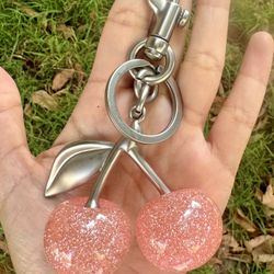 Pink Glitter Cherry Bag Charm Keychain
