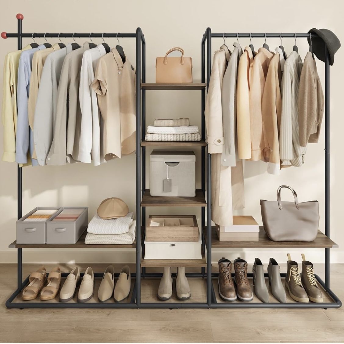 Clothes Rack with Shoe Shelf, Heavy-Duty Storage Rack, 6 Storage Shelves, 2 Hanging Rails