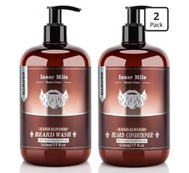 Beard Wash & Conditioner Set for Men - 17 oz Shampoo with Biotin, Argan & Jojoba Oils for Smooth, Soft, and Strengthened Beard - Sandalwood Scented Gr