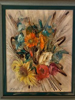 Original René Michallon Floral Oil Painting – Signed 1984