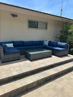 Large Outdoor Patio Sectional Set — Gray Wicker + Navy Cushions + Glass Coffee Table