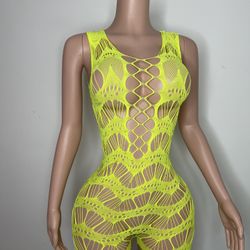 Exotic Dancer- Stripper Wear-Rave Wear-Lingerie Sexy Yellow Rhinestones One Piece.