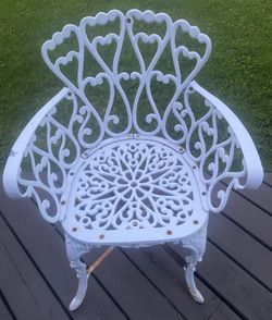 Vintage White Heart Themed Cast Iron Chair