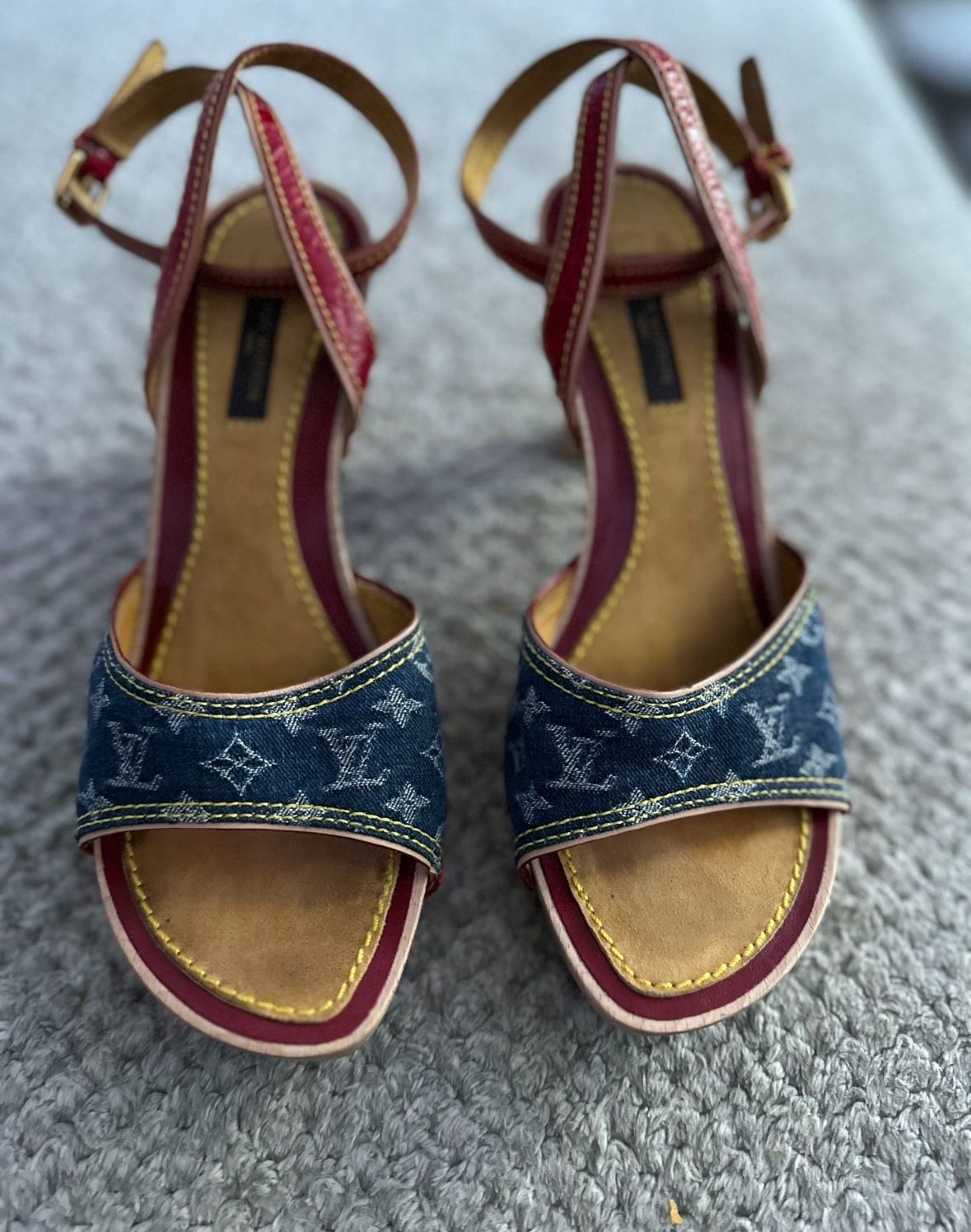 LV Blue Denim Monogram Kitten Heel Sandals