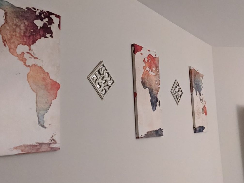 Wall Display, Colorful Map And Two Mirror/Design wall Pieces