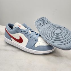 New Nike Air 1 Low sneaker in the "Sail/Dune Red-Blue Grey-White" colorway