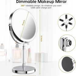 Lighted Makeup Mirror, 3000 mAh Rechargeable Double Sided Magnifying Mirror with 3 Colors, 1x/10x 360° Rotation Vanity Mirror, Brightness Adjustable M