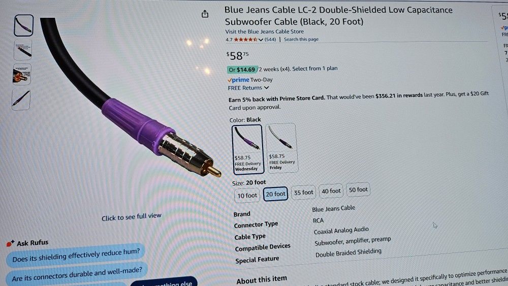Blue Jeans Subwoofer Cable 20 Ft Long