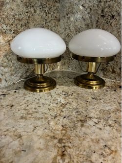 Vtg Lavery & Co. MCM Art Deco Mushroom-style Ceiling Light Fixtures with White Glass domed shades and brass-finished metal bases