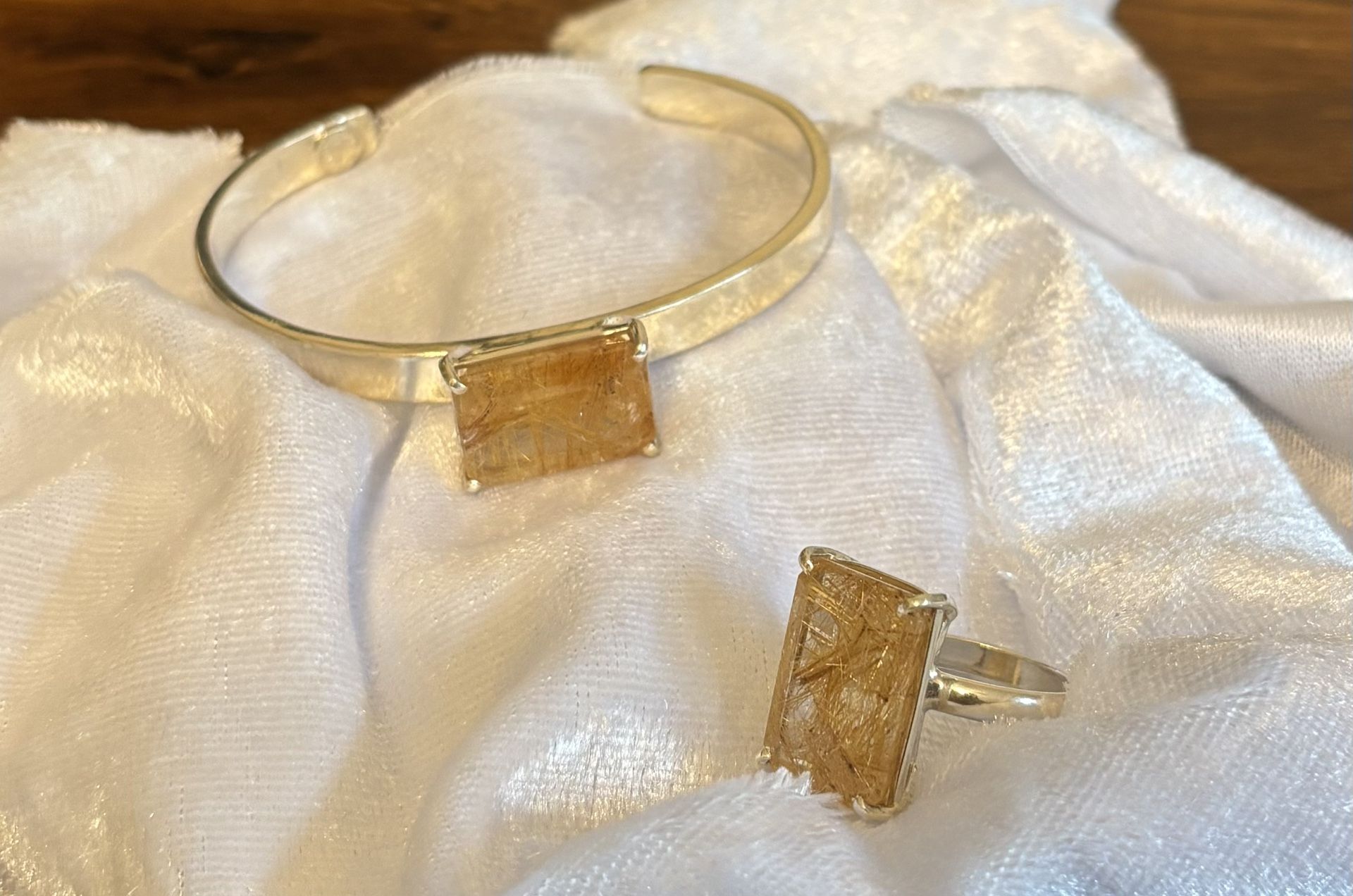 One of a Kind Match Set Of Golden Quartzite - Ring and Bracelet With Large Solitaire Stones
