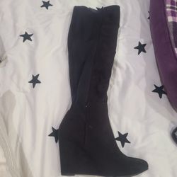 Knee High Suede Black Wedge Boots