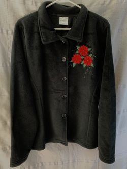 Poinsettia Applique Ladies Button- Up Black XL Super Soft Jacket