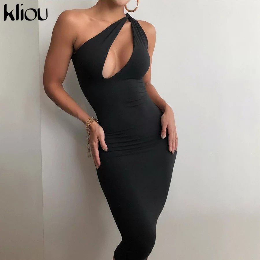 Kliou Cut Out Sexy Midnight Clubwear Maxi Dresses Solid One Shoulder Birthday Outfit For Women Slim Bodycon Party Dress 2021