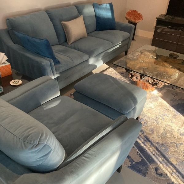 Beautiful Like New Blue Velvet Couch, Chair &Ottoman