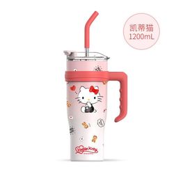 Hello Kitty - Vaso aislado de acero inoxidable con tapa, popote y asa, 40.6 fl oz, tamaño XL, color rosa