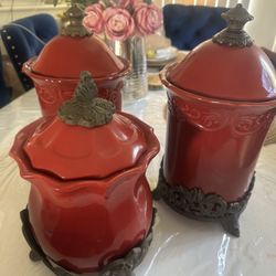Set Of 3 Large Canisters Burgundy 