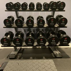 TAG Urethane Dumbbells Complete 5-50 Lb Set With 3-tier Precor Rack - Retails for $4,000