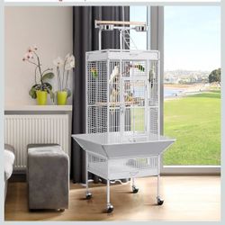 Wrought Iron Bird Cages, Play Top Large Aviary with Stand for Cockatiel Parrot Sun Parakeet Conures Lovebird Budgie Finch African Grey White, 61-inch