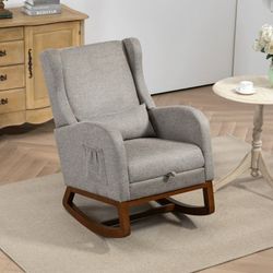 Modern Rocking Chair Mid-Century Design with Retractable Footrest & Side Pocket Storage, Wooden Frame Upholstered Wingback $120