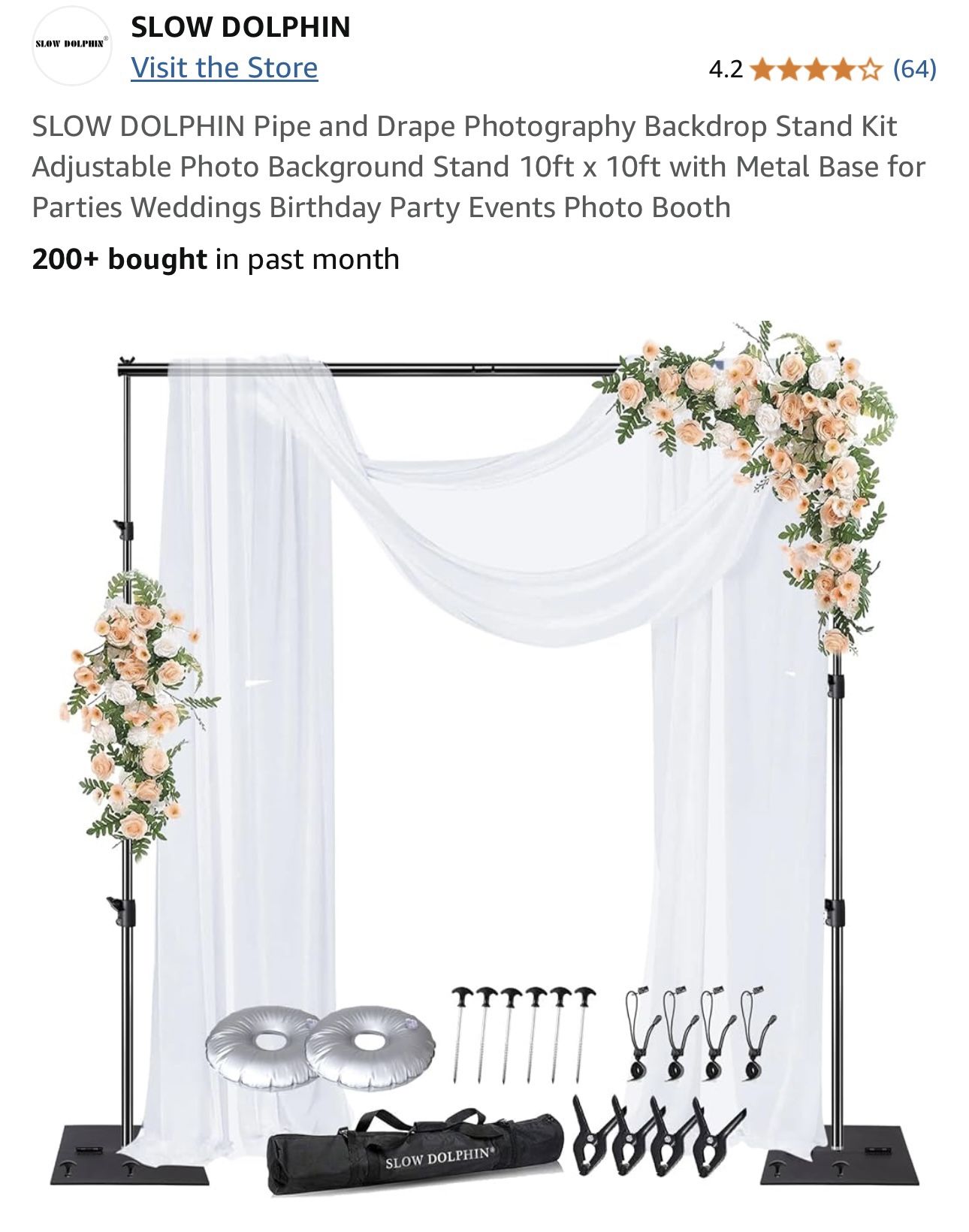 $70 Brand New SLOW DOLPHIN Pipe and Drape Photography Backdrop Stand Kit Adjustable Photo Background Stand 10ft x 10ft with Metal Base for Parties Wed