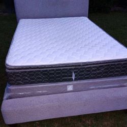 QUEEN SIZE MATTRESS SET WITH GRAY CLOTH COVERED BED FRAME