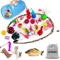 AILUKI 31 PCS Cat Toys Kitten Toys Assortments,Variety Catnip Toy Set Including 2 Way Tunnel,Cat Feather Teaser,Catnip Fish,Mice,Colorful Balls and Be