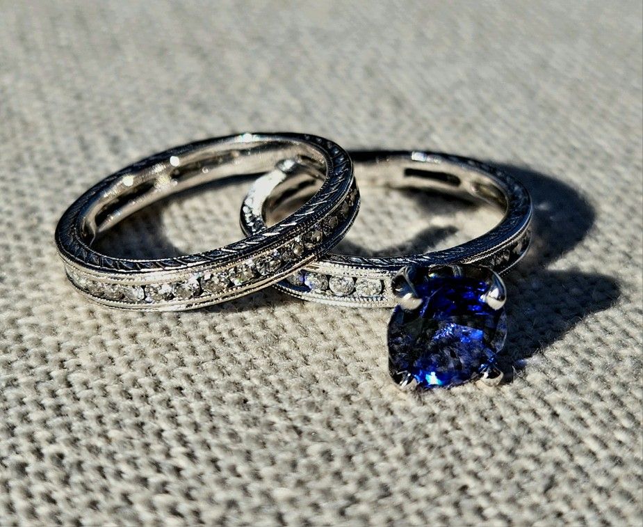 3.05ctw. Lab Created Blue Sapphire & Natural Diamond 14K White Gold Wedding Bridal Ring Set ◇ (2)