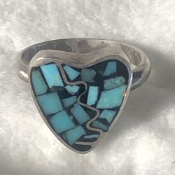 Navajo Sterling Silver Turquoise Inlay Heart Ring Vintage Size 4.5