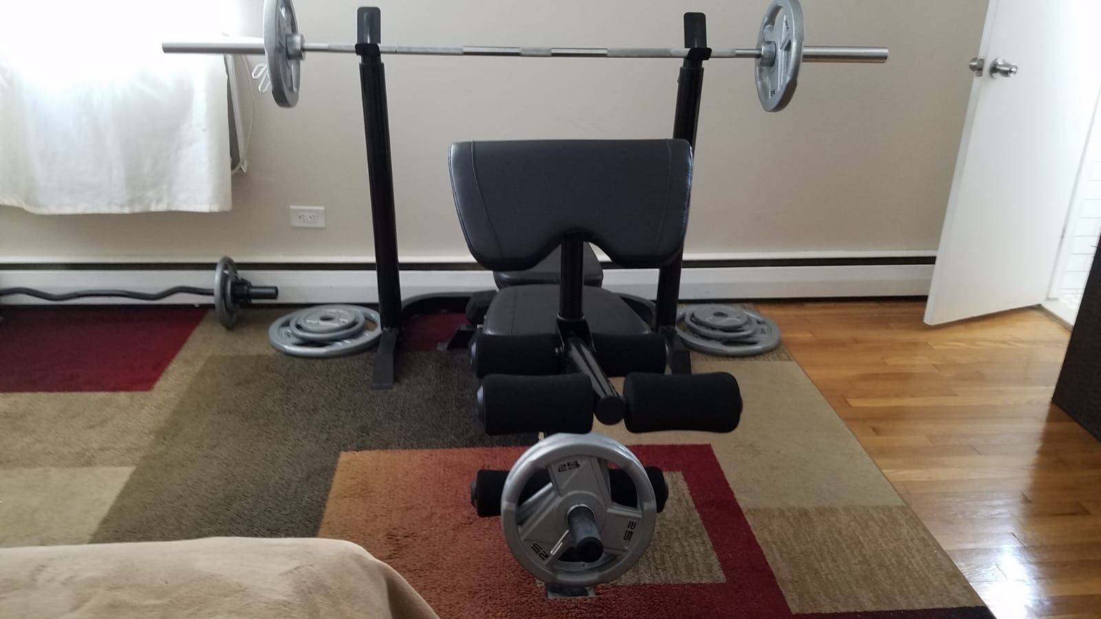 Bench/Olympic bar/300 lb plates