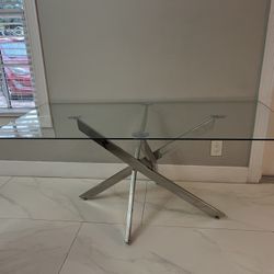 Modern 63" Pedestal Glass Dinning Table with Metal Base for 6 to 8 People