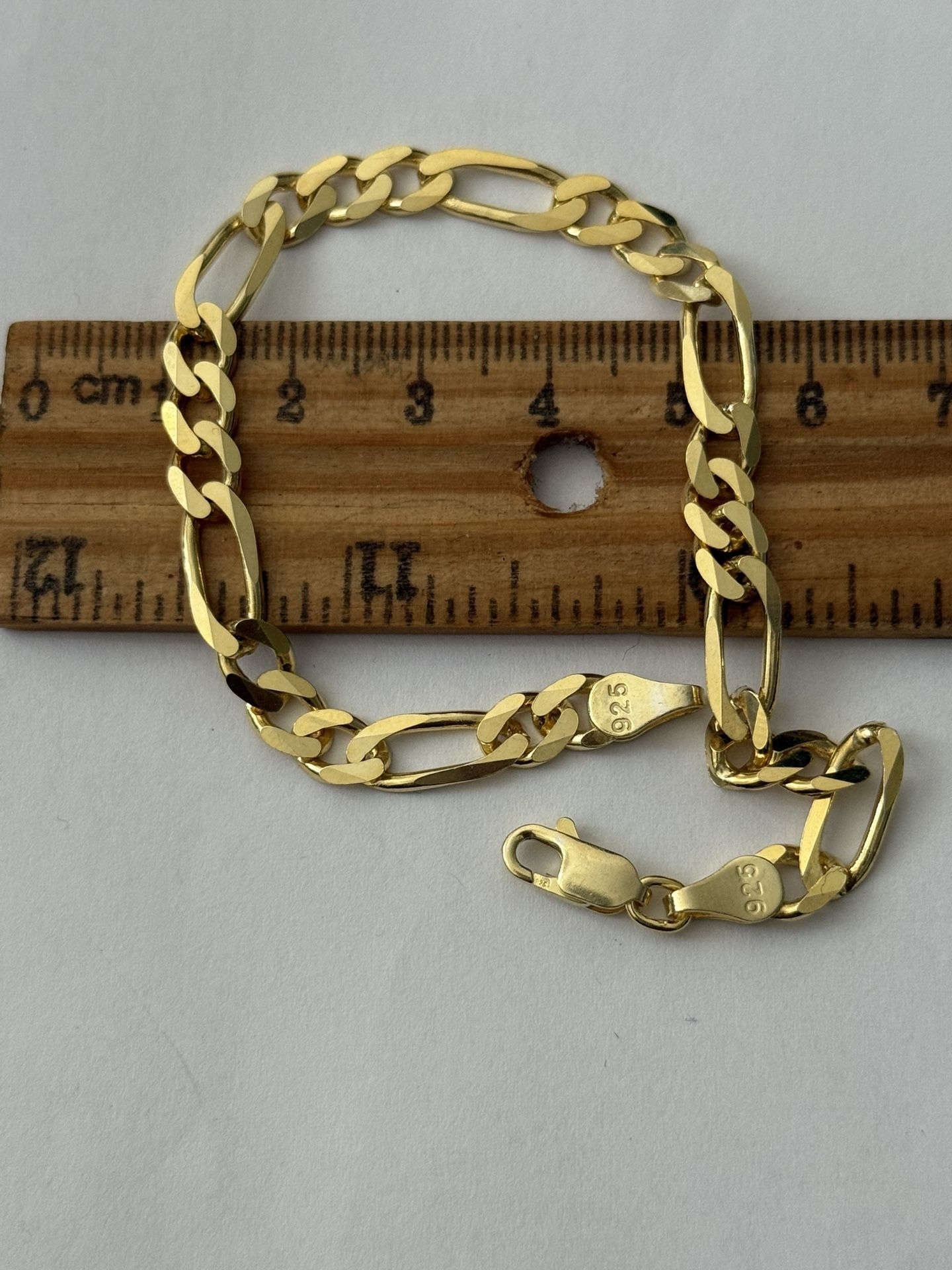925 Silver 6mm 8” bracelet figaro chain 18k yellow gold plated unisex
