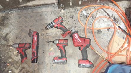 Milwaukee Drills, Sawzall, Ratchet, Sander, and Mpact with 6 batteries And Charger