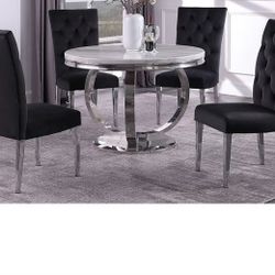 Brand New 52” Round Glam Faux Marble And Chrome Silver Metal Dining Table With 4 Black Velvet And Chrome Dining Chairs