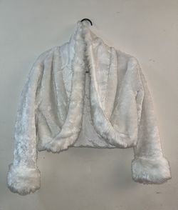 1 Pc Girl’s Open Front White Faux Fur Fuzzy Jacket Collar & Lined
