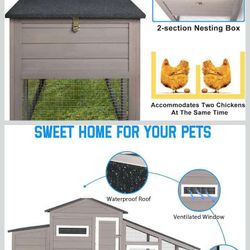 Chicken Coop and Run, Two Story Mobile Rabbit Hutch Indoor Outdoor, Wooden Hen House with Nesting Box Rabbit Cage on Wheels, Ramp, Deep No Leak Pull O