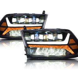Headlights With White LED Light Bar & Sequential Signal - Black Amber Fits 2009-2018 Dodge Ram 1 3500/2019-2023 Classic Halogen Models 