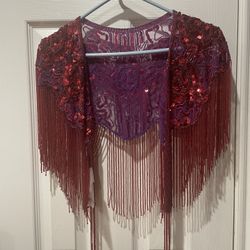 New  WESTERN FASHION “ Red Hat Society “ Red & Purple Sequin Glass Rose Beaded & Sequin Lace Shoulder Shrug Shawl Wrap 