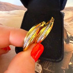 14K Solid Gold Two Tone Twisted Hoop Earrings 