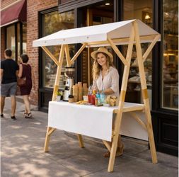 Portable Vendor Cart with Canopy, Foldable Farmers Market Booth with Wheels, Wooden Street Vendor Food cart for Lemonade Stand, Outdoor Events, Street