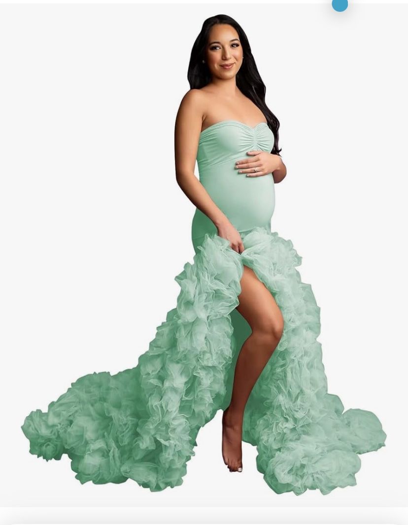 Stretchy Tight Maternity Dresses Pregnancy Gown for Photoshoot Strapless Ruffles Robe for Women Pregnant