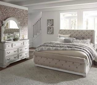 ANTIQUE WHITE QUEEN UPHOLSTERY SLEIGH BED TUFTED CHENILLE   ALL COLLECTION PIECES AVAILABLE!!